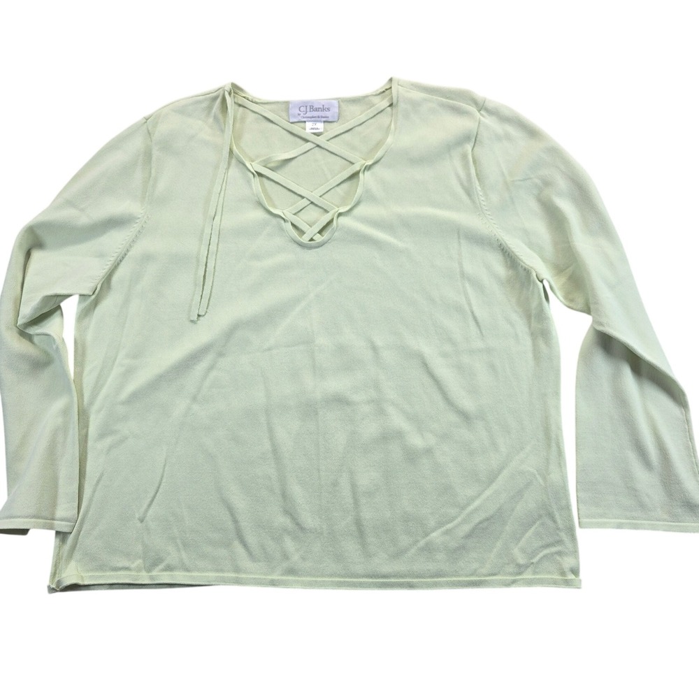 CJ Banks Sweater Womens 2X Green Lattice V-Neck Long Sleeve Rayon Blend Knit Top